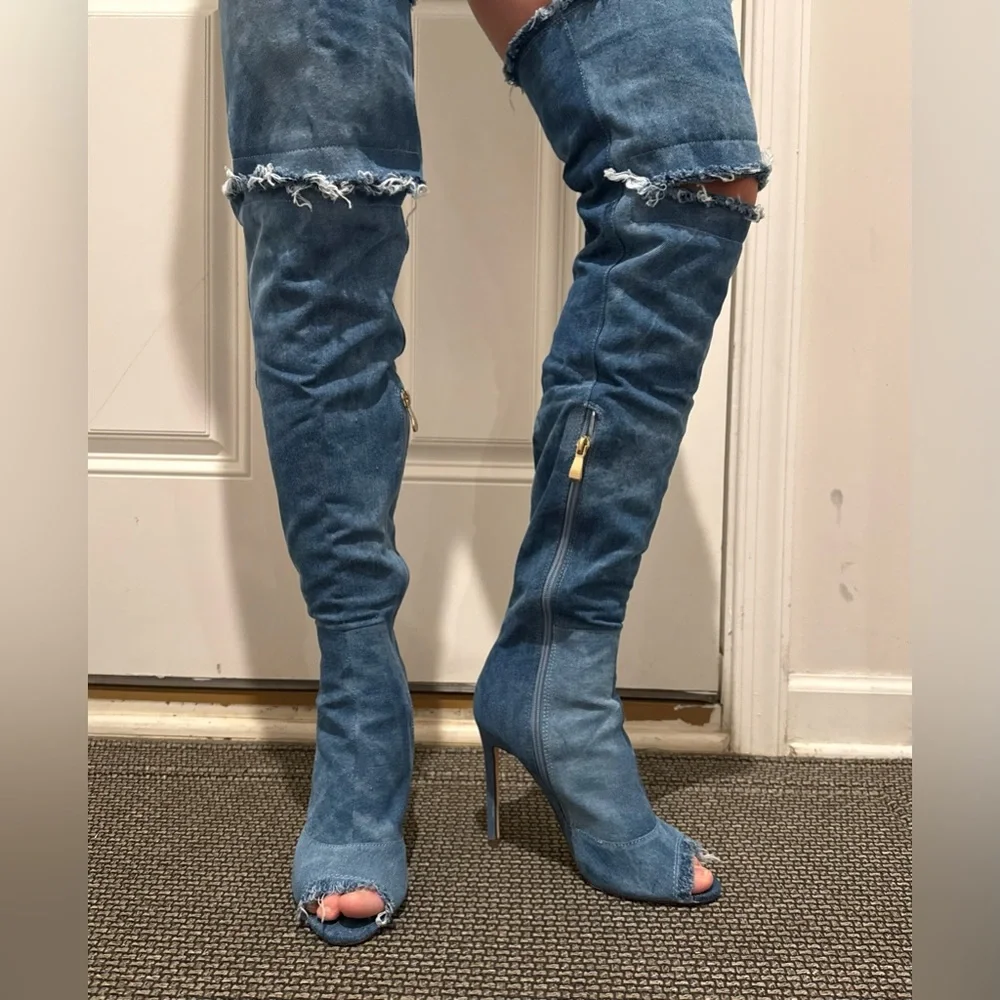 DENIM Over-the-Knee Peep-Toe Boots - Blue - Picture 3 of 9